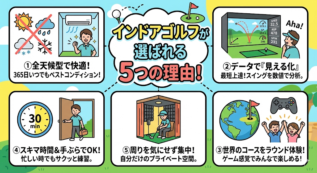 「外で打つより、上手くなる。」インドアゴルフが選ばれる5つの理由をイラストで解説！